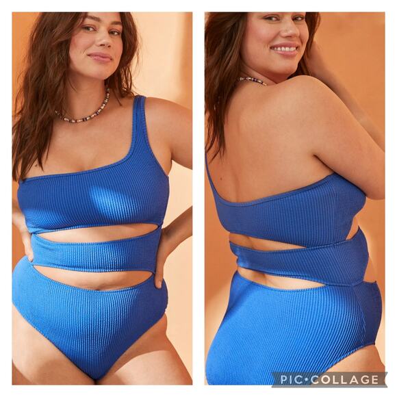 aerie Other - Aerie Blue Crinkle Cut Out One Shoulder One Piece Swimsuit Size Large